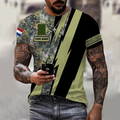 Personalisiertes T-Shirt mit 3D-Druck für niederländische Soldaten/Veteranen im Camouflage-Stil mit Namen und Rang – 030424QA