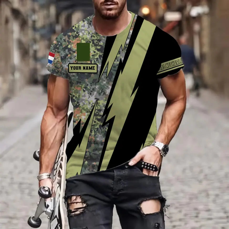 Personalisiertes T-Shirt mit 3D-Druck für niederländische Soldaten/Veteranen im Camouflage-Stil mit Namen und Rang – 030424QA