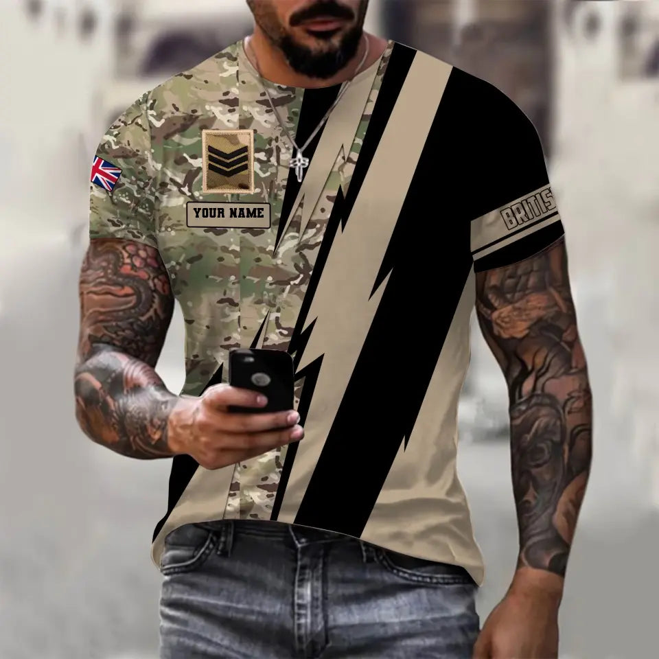 T-shirt personnalisé avec camouflage soldat/vétéran britannique avec nom et grade imprimé en 3D - 0503240001QA