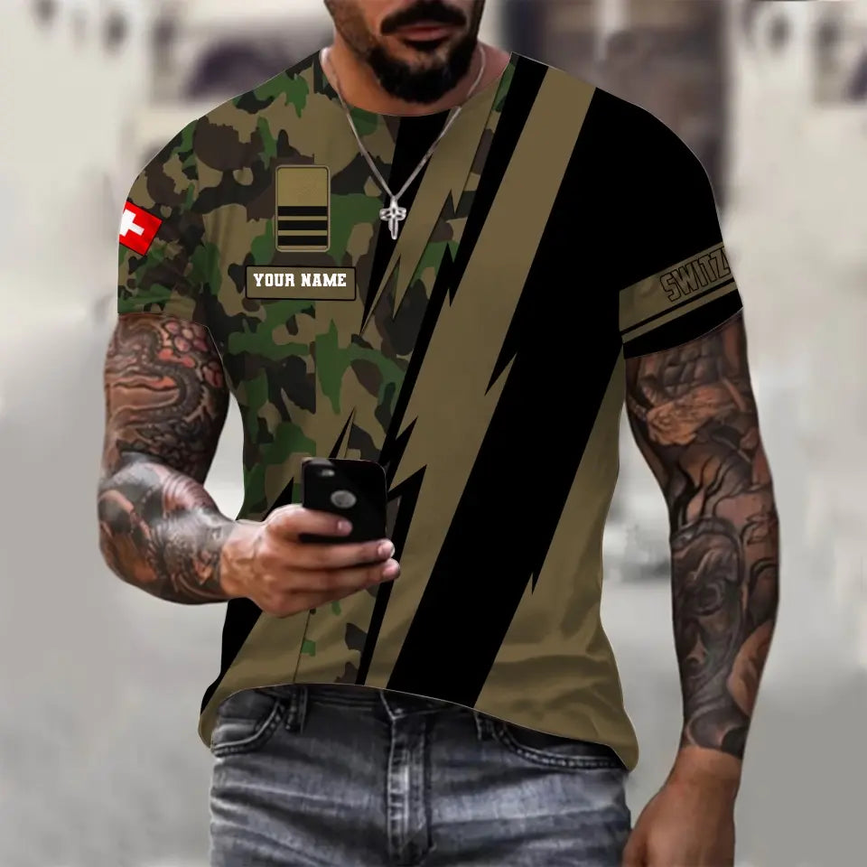 T-shirt personnalisé avec camouflage soldat/vétéran suisse avec nom et grade imprimé en 3D - 0503240001QA