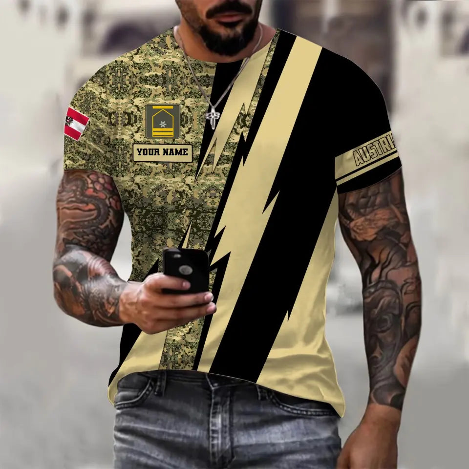 T-shirt personnalisé avec camouflage soldat/vétéran autrichien avec nom et grade imprimé en 3D - 030424QA