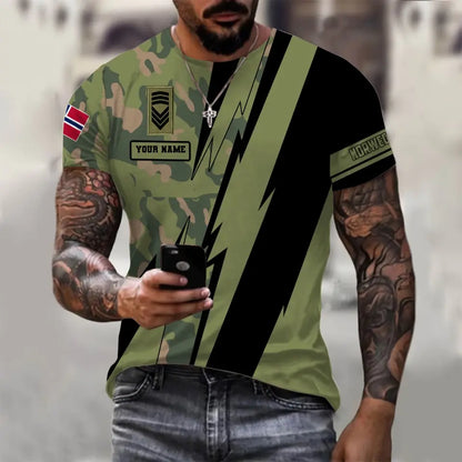 Personalisiertes T-Shirt mit norwegischem Soldaten-/Veteranen-Tarnmuster mit Namen und Rang, 3D-Druck – 030424QA