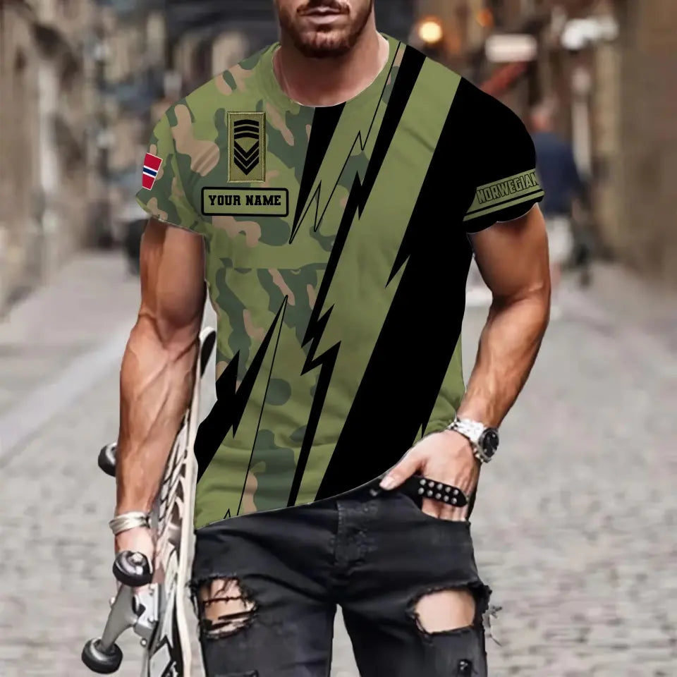 T-shirt personnalisé avec camouflage soldat/vétéran norvégien avec nom et grade imprimé en 3D - 030424QA