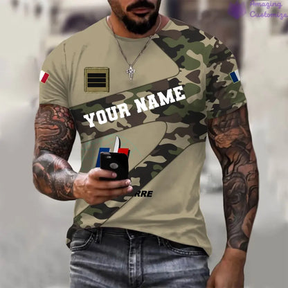 Personalisiertes T-Shirt mit französischem Soldaten-/Veteranen-Tarnmuster mit Namen und Rang, 3D-Druck – 3001240001