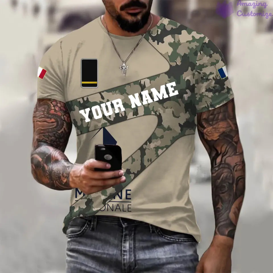 Personalisiertes T-Shirt mit französischem Soldaten-/Veteranen-Tarnmuster mit Namen und Rang, 3D-Druck – 3001240001