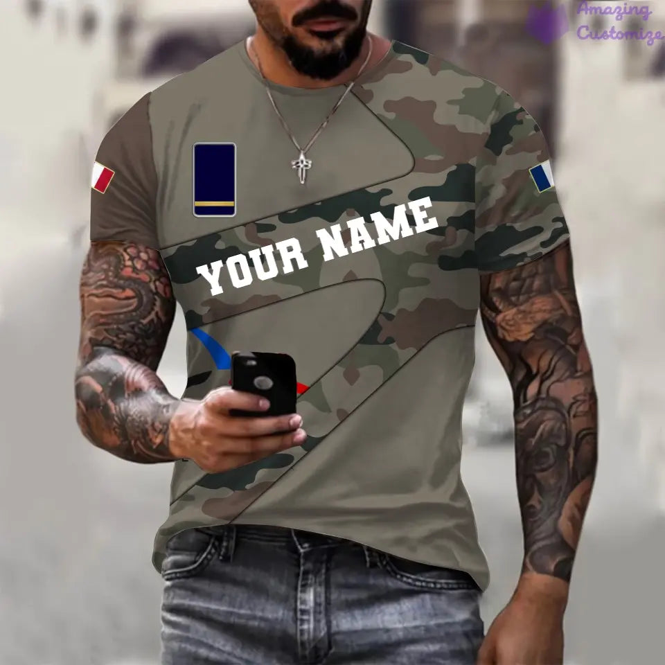 Personalisiertes T-Shirt mit französischem Soldaten-/Veteranen-Tarnmuster mit Namen und Rang, 3D-Druck – 3001240001