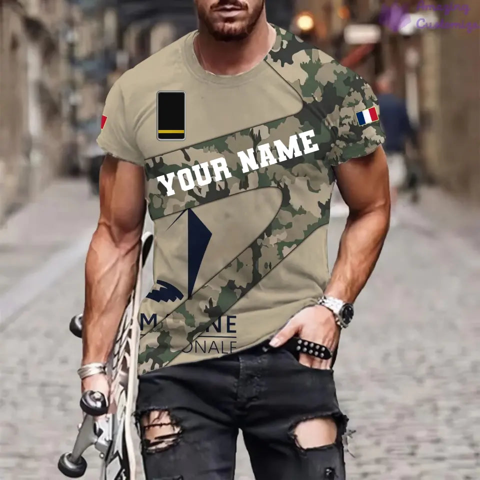 Personalisiertes T-Shirt mit französischem Soldaten-/Veteranen-Tarnmuster mit Namen und Rang, 3D-Druck – 3001240001