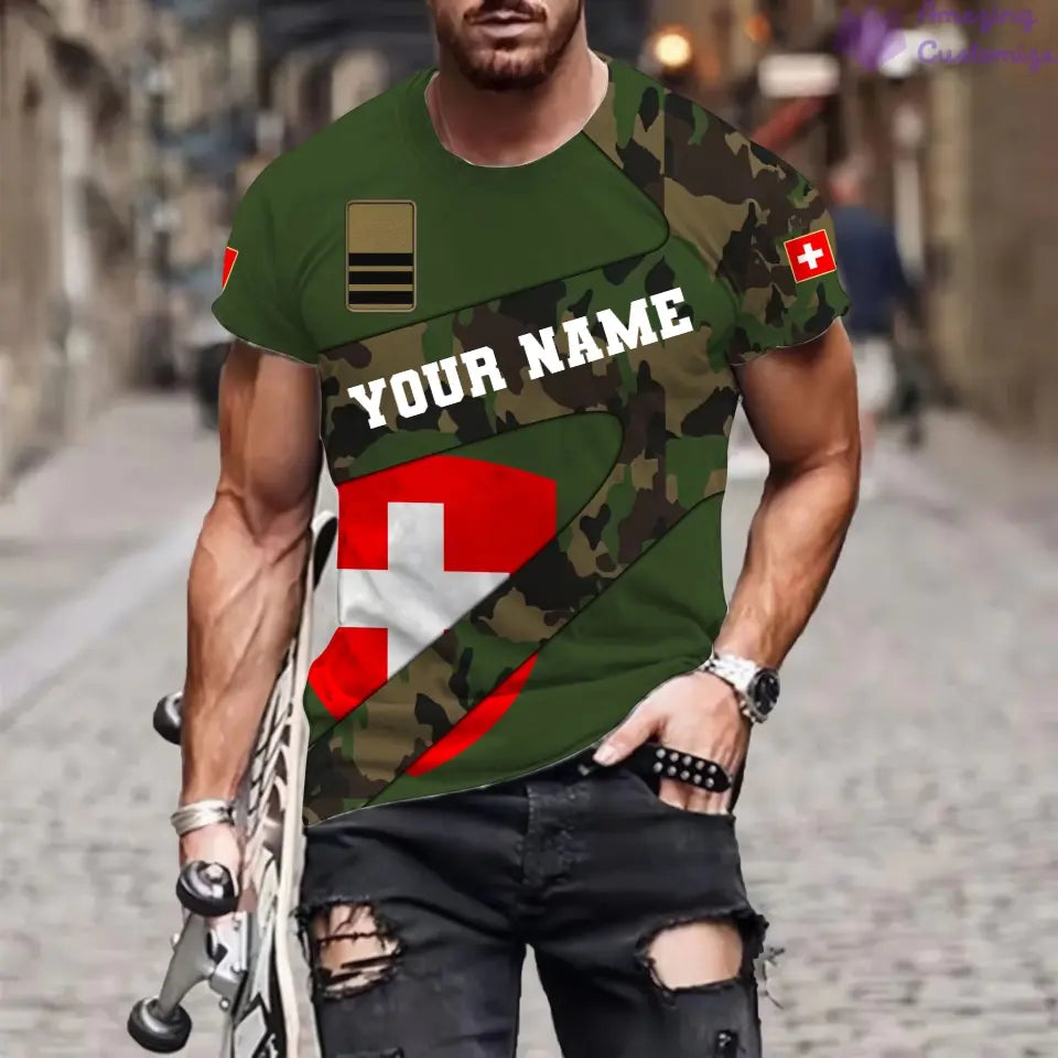 Personalisiertes T-Shirt mit Schweizer Soldaten-/Veteranen-Tarnmuster und Namen und Rang, 3D-Druck – 3001240001QA