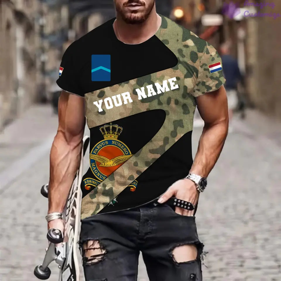 Personalisiertes T-Shirt mit 3D-Druck für niederländische Soldaten/Veteranen im Camouflage-Muster mit Namen und Rang – 3001240001QA