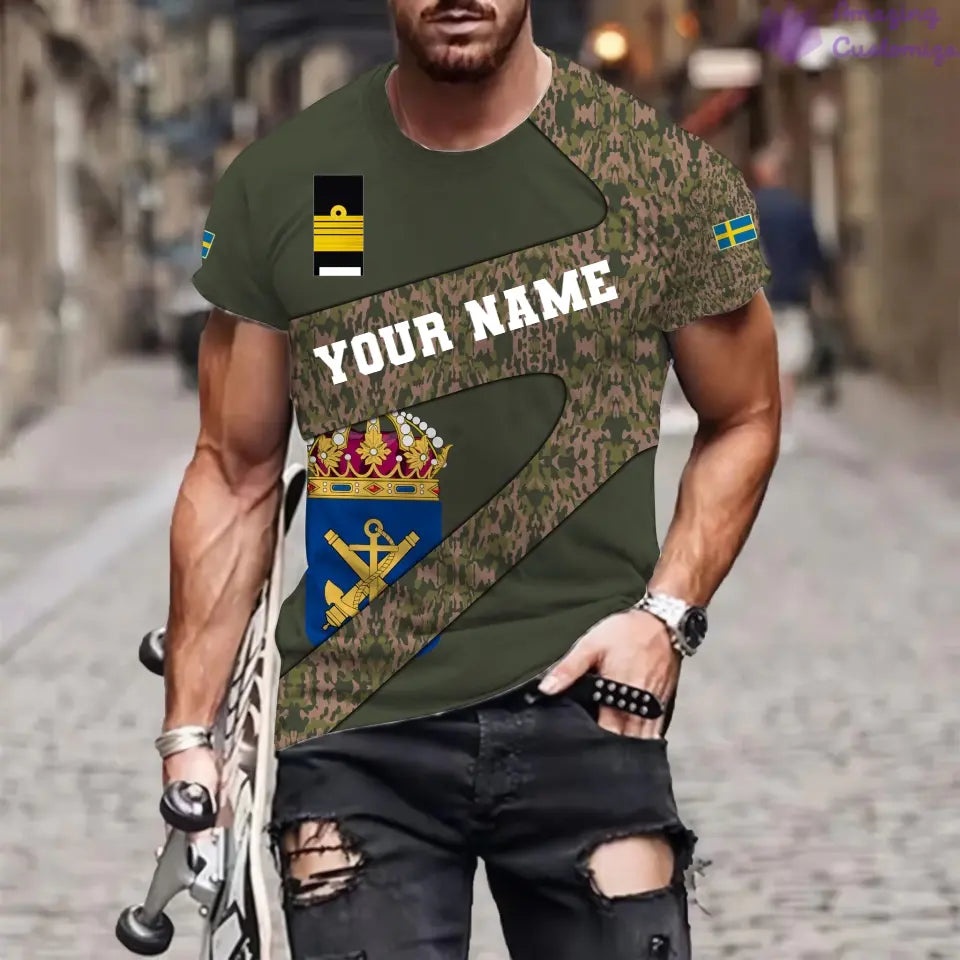 T-shirt personnalisé avec camouflage soldat/vétéran suédois avec nom et grade imprimé en 3D - 3001240001QA