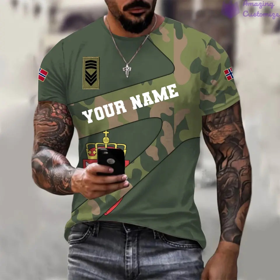 Personalisiertes T-Shirt mit norwegischem Soldaten-/Veteranen-Tarnmuster mit Namen und Rang, 3D-Druck – 3001240001QA