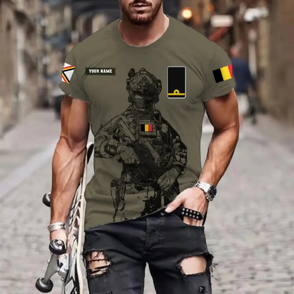 Personalisiertes T-Shirt mit belgischem Soldaten/Veteranen-Tarnmuster mit Namen und Rang, 3D-Druck – 17042401QA