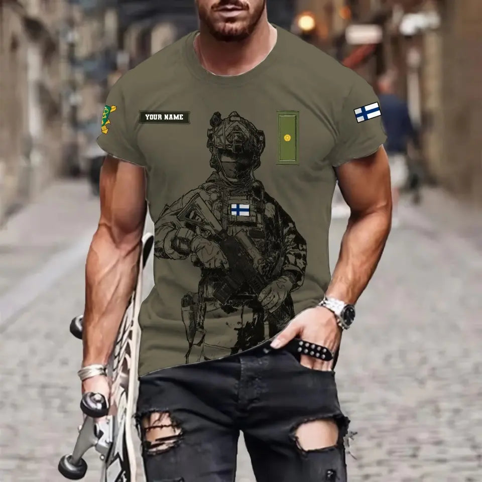 Personalisiertes T-Shirt mit finnischem Soldaten-/Veteranen-Tarnmuster und Namen und Rang, 3D-Druck – 17042401QA