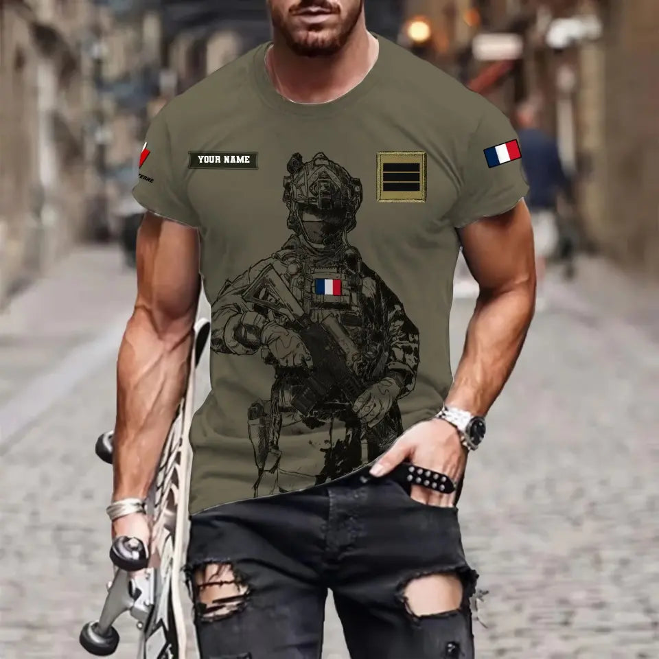 Personalisiertes T-Shirt mit französischem Soldaten/Veteranen-Tarnmuster mit Namen und Rang, 3D-Druck – 17042401QA