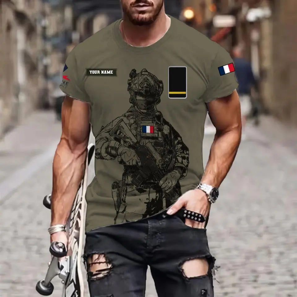 T-shirt personnalisé avec camouflage soldat/vétéran de la France avec nom et grade imprimé en 3D - 17042401QA