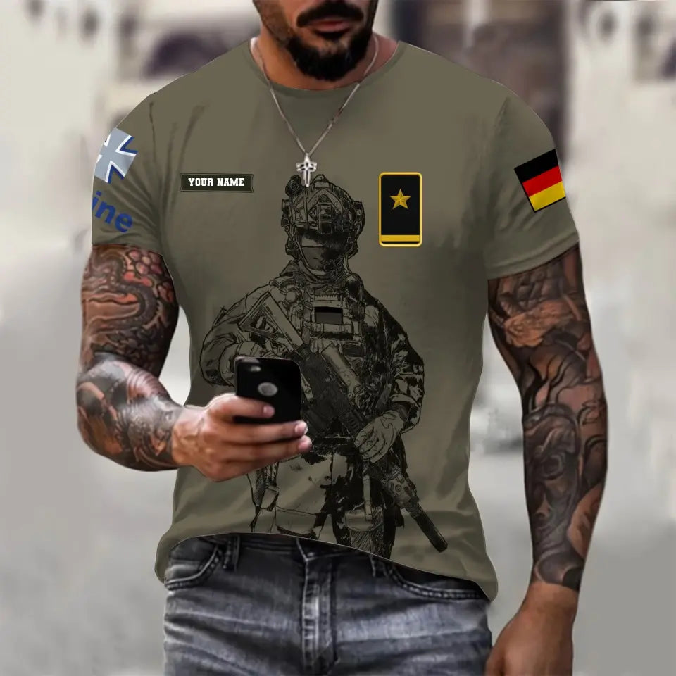 Personalisiertes T-Shirt mit Camouflage-Muster für deutsche Soldaten/Veteranen mit Namen und Rang, 3D-Druck – 17042401QA