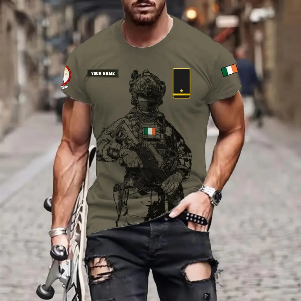 Personalisiertes irisches Soldaten-/Veteranen-T-Shirt mit Camouflage-Muster und Namen und Rang, 3D-Druck – 17042401QA