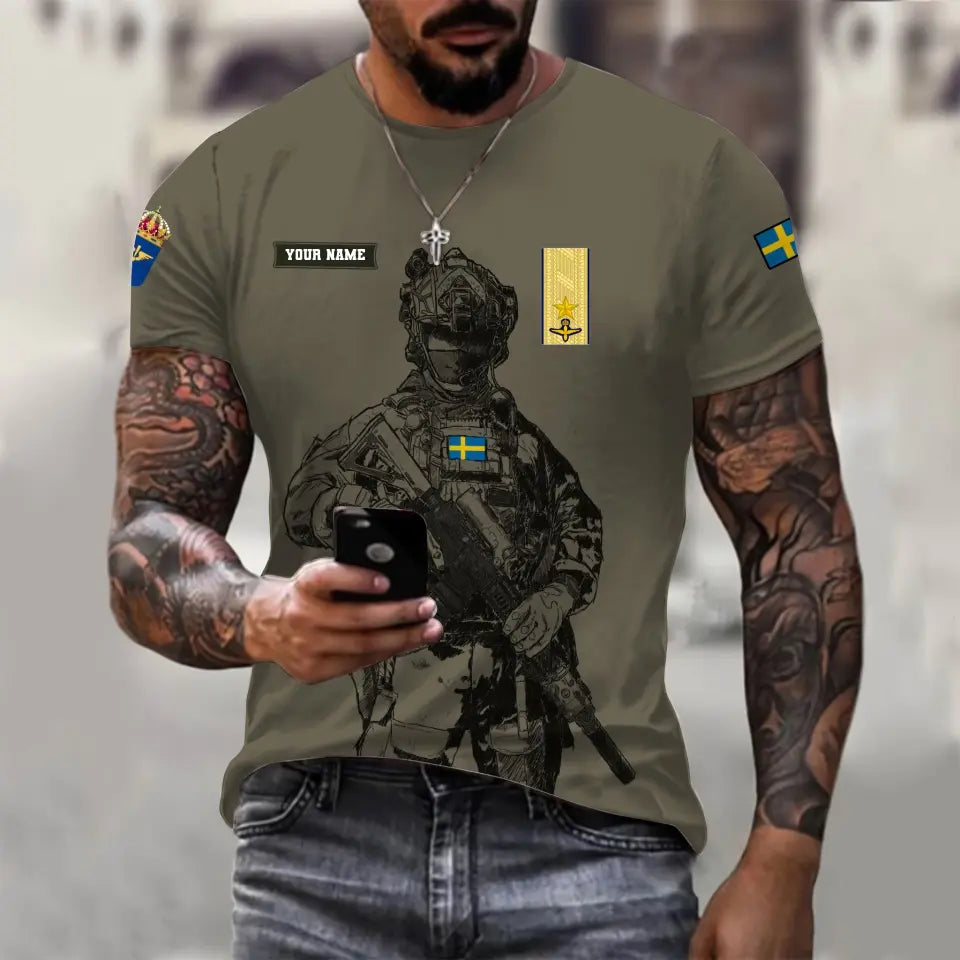 T-shirt personnalisé avec camouflage soldat/vétéran suédois avec nom et grade imprimé en 3D - 17042401QA