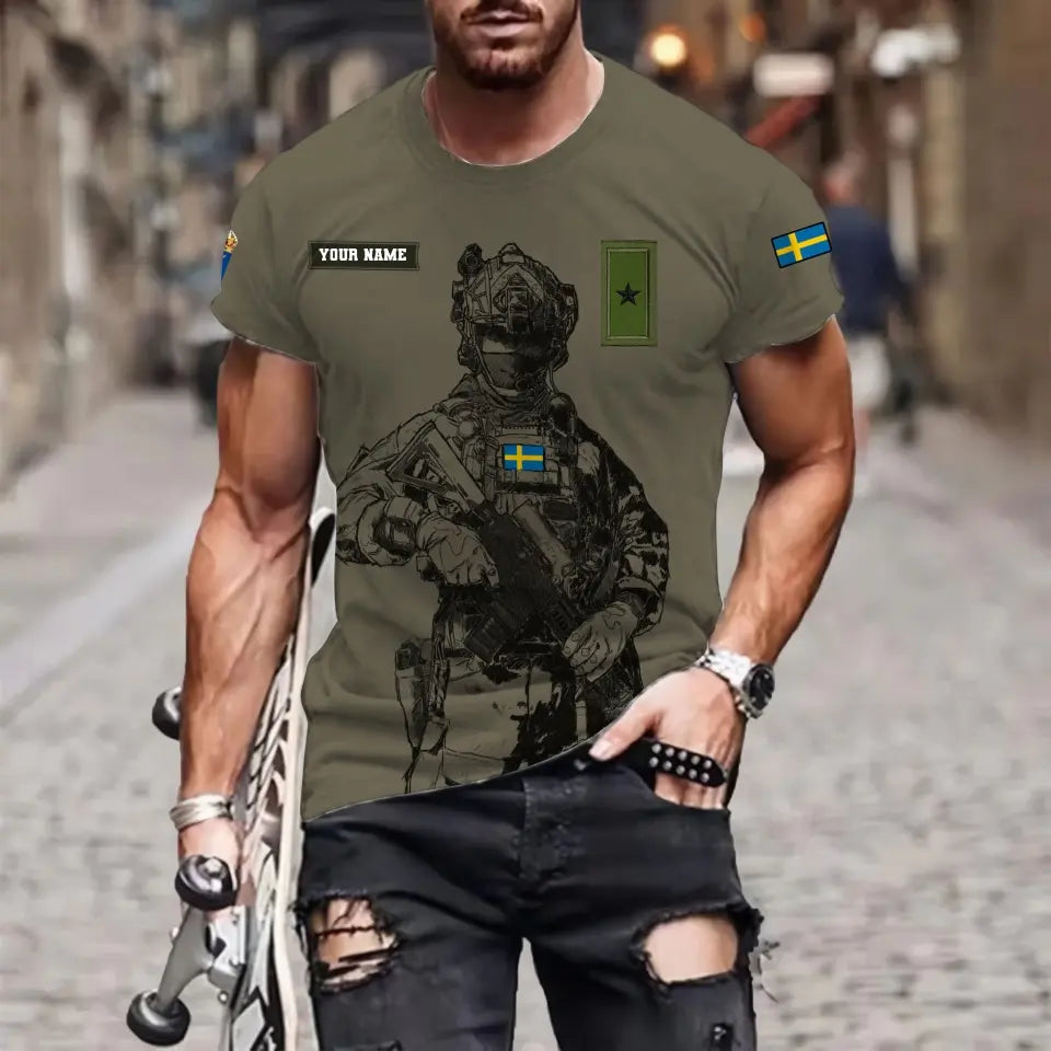 Personalisiertes T-Shirt mit schwedischem Soldaten-/Veteranen-Tarnmuster mit Namen und Rang, 3D-Druck – 17042401QA