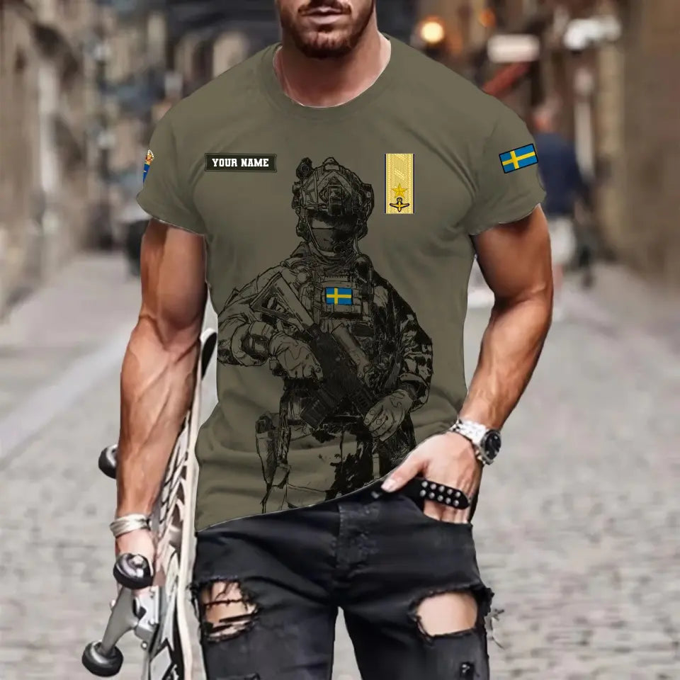 Personalisiertes T-Shirt mit schwedischem Soldaten-/Veteranen-Tarnmuster mit Namen und Rang, 3D-Druck – 17042401QA