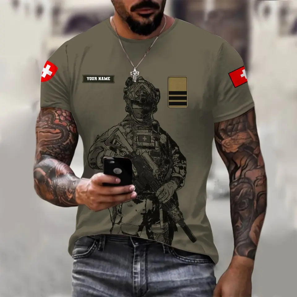 Personalisiertes T-Shirt mit Schweizer Soldaten-/Veteranen-Tarnmuster und Namen und Rang, 3D-Druck – 17042401QA