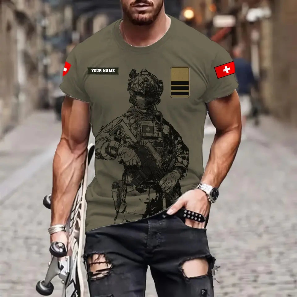 Personalisiertes T-Shirt mit Schweizer Soldaten-/Veteranen-Tarnmuster und Namen und Rang, 3D-Druck – 17042401QA