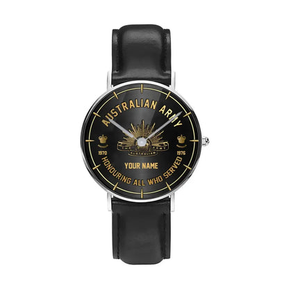 Montre personnalisée en cuir noir cousu pour soldat/vétéran australien avec nom, grade et année - 26042401QA - Version dorée