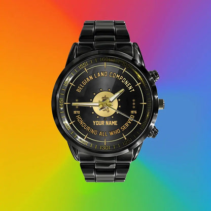 Montre personnalisée en acier inoxydable noir pour soldat/vétéran belge avec nom, grade et année - 26042401QA - Version dorée