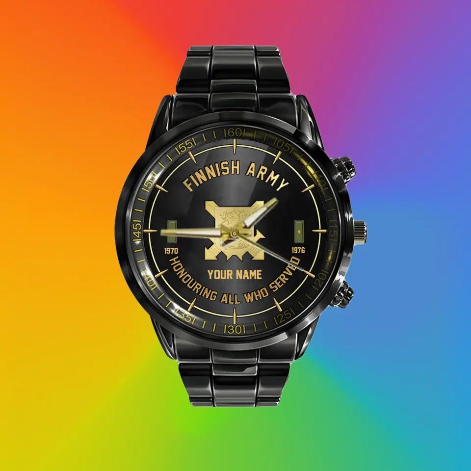 Personalized Finland Soldier/ Veteran With Name, Rank and Year Black Stainless Steel Watch - 26042401QA - Gold Version