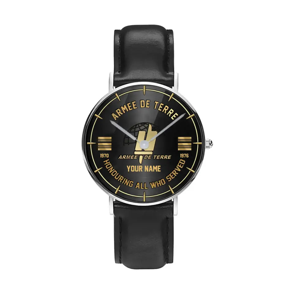 Montre Personnalisée Soldat/Vétéran France Avec Nom, Grade et Année Cuir Noir Surpiqué - 26042401QA - Version Or