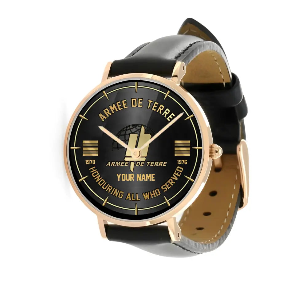 Montre Personnalisée Soldat/Vétéran France Avec Nom, Grade et Année Cuir Noir Surpiqué - 26042401QA - Version Or