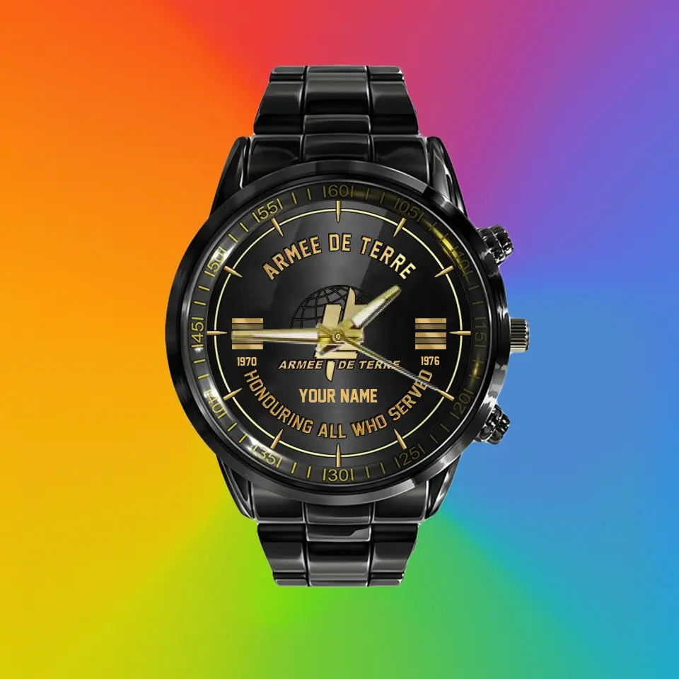 Personalized France Soldier/ Veteran With Name, Rank and Year Black Stainless Steel Watch - 26042401QA - Gold Version