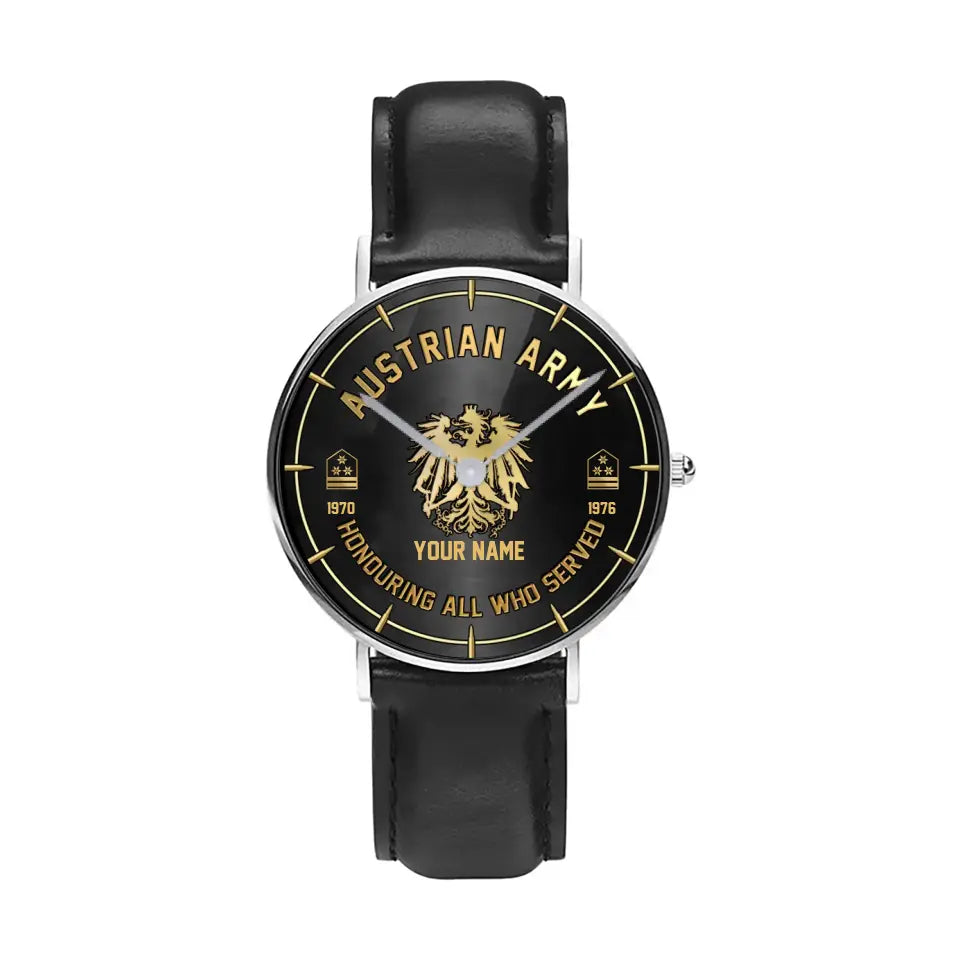 Personalized Austrian Soldier/ Veteran With Name, Rank and Year Black Stitched Leather Watch - 26042401QA - Gold Version