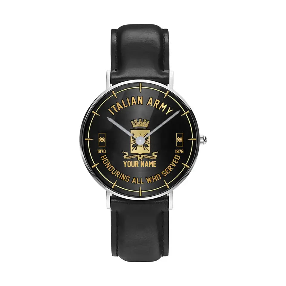 Personalized Italy Soldier/ Veteran With Name, Rank and Year Black Stitched Leather Watch - 26042401QA - Gold Version