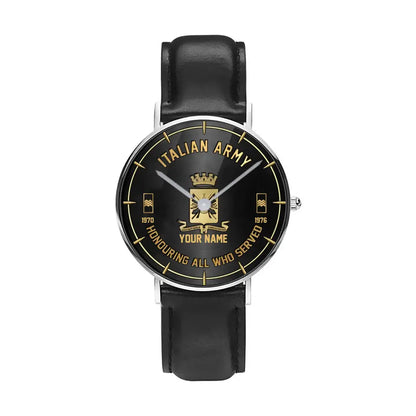 Montre personnalisée en cuir noir avec coutures noires pour soldat/vétéran italien avec nom, grade et année - 26042401QA - Version dorée