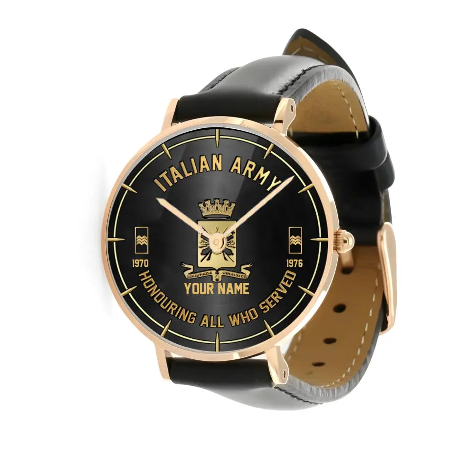 Personalized Italy Soldier/ Veteran With Name, Rank and Year Black Stitched Leather Watch - 26042401QA - Gold Version