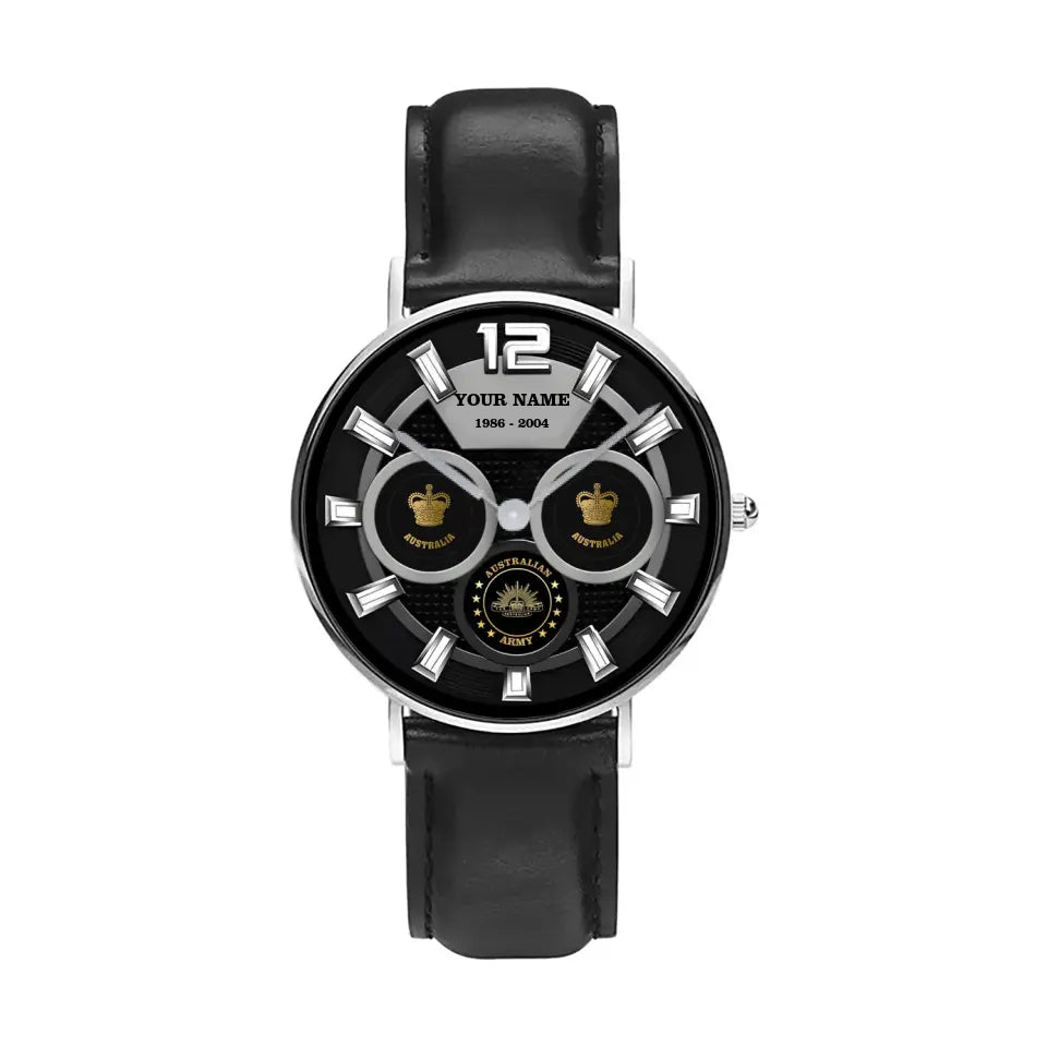 Montre personnalisée en cuir noir cousu pour soldat/vétéran australien avec nom, grade et année - 27042401QA - Version dorée