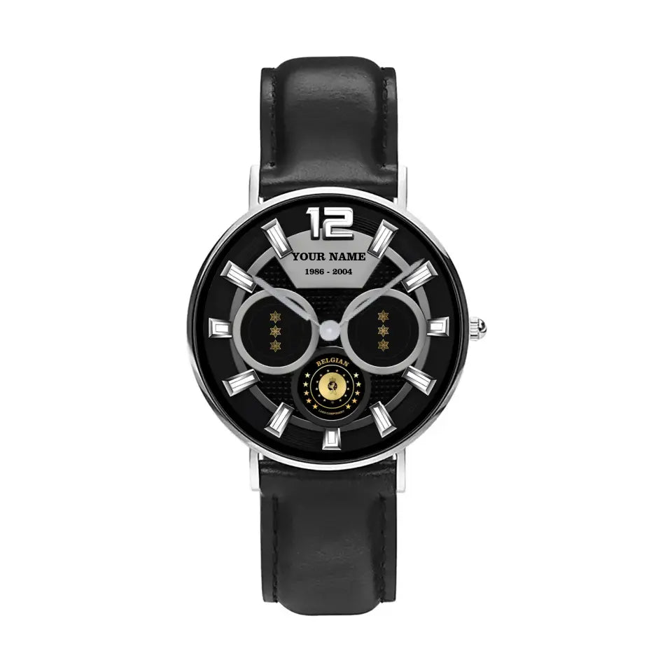 Montre personnalisée en cuir noir cousu pour soldat/vétéran belge avec nom, grade et année - 27042401QA - Version dorée