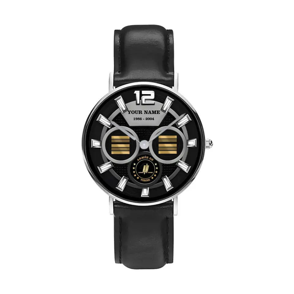 Montre Personnalisée Soldat/Vétéran France Avec Nom, Grade et Année Cuir Noir Surpiqué - 27042401QA - Version Or