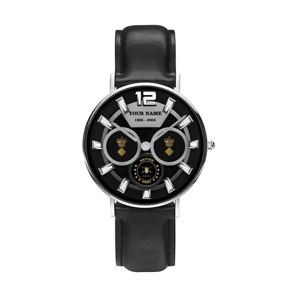 Montre personnalisée en cuir noir cousu pour soldat/vétéran britannique avec nom, grade et année - 27042401QA - Version dorée