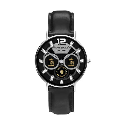 Montre personnalisée en cuir noir avec coutures noires pour soldat/vétéran norvégien avec nom, grade et année - 27042401QA - Version dorée