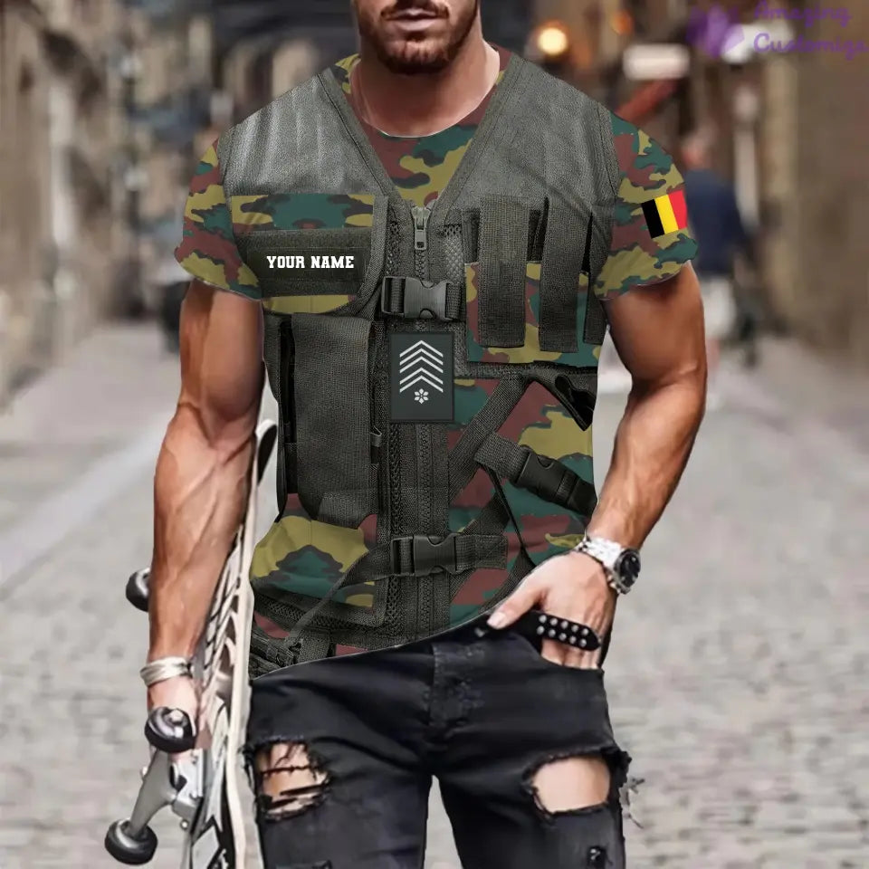 T-shirt personnalisé avec camouflage soldat/vétéran belge avec nom et grade imprimé en 3D - 22042401QA