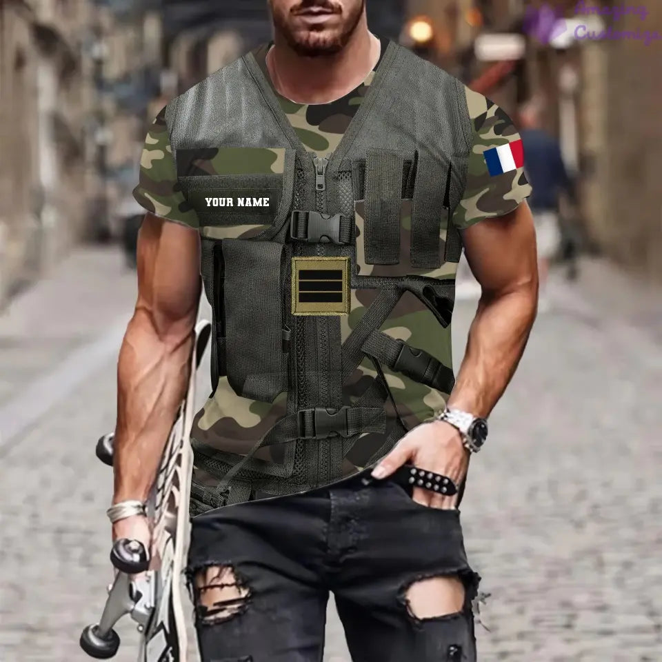 T-shirt personnalisé avec camouflage soldat/vétéran de la France avec nom et grade imprimé en 3D - 22042401QA