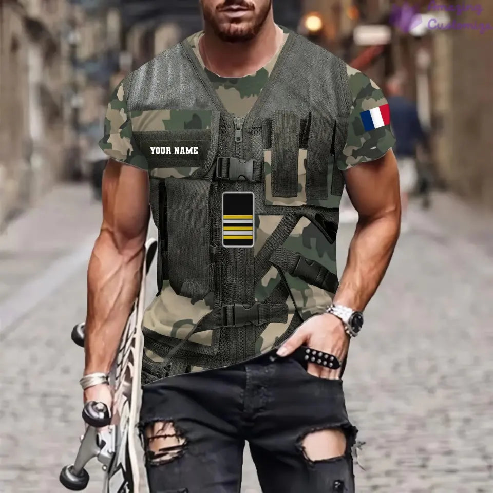 T-shirt personnalisé avec camouflage soldat/vétéran de la France avec nom et grade imprimé en 3D - 22042401QA