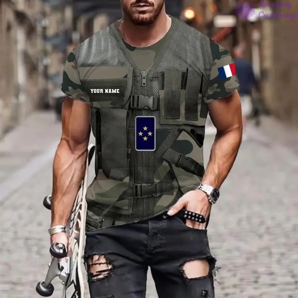 Personalisiertes T-Shirt mit französischem Soldaten/Veteranen-Tarnmuster mit Namen und Rang, 3D-Druck – 22042401QA