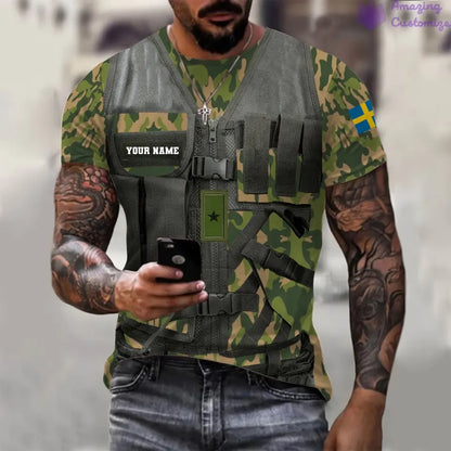 T-shirt personnalisé avec camouflage soldat/vétéran suédois avec nom et grade imprimé en 3D - 22042401QA