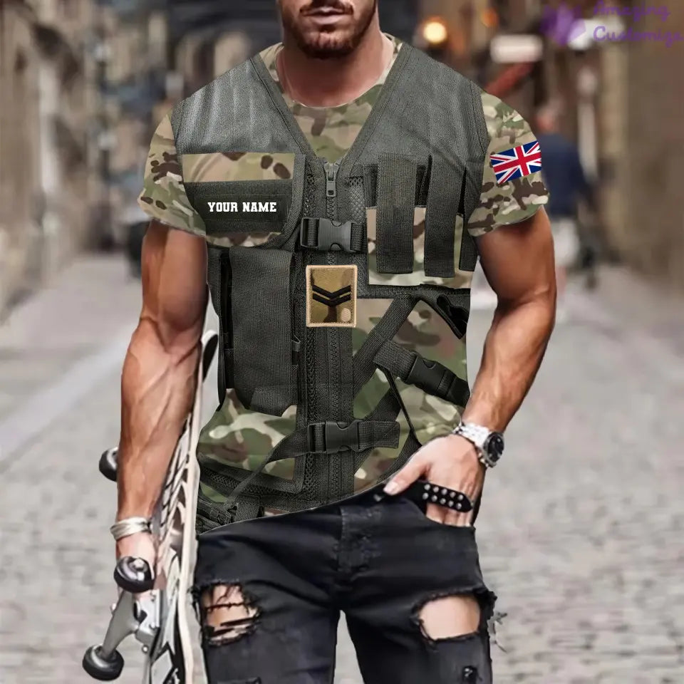 T-shirt personnalisé avec camouflage soldat/vétéran britannique avec nom et grade imprimé en 3D - 22042401QA