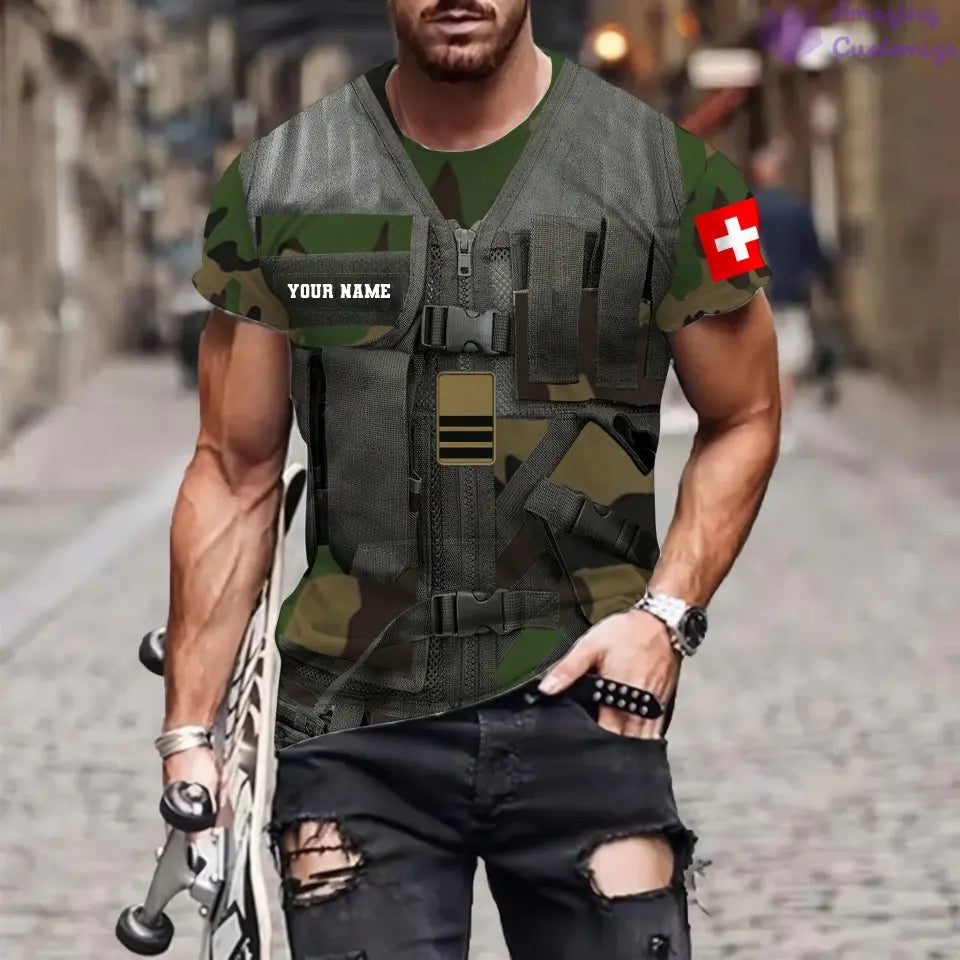 T-shirt personnalisé avec camouflage soldat/vétéran suisse avec nom et grade imprimé en 3D - 22042401QA