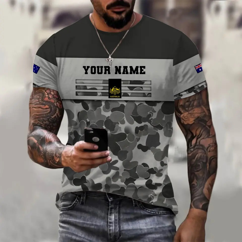 Personalisiertes T-Shirt mit australischem Soldaten-/Veteranen-Tarnmuster mit Namen und Rang, 3D-Druck – 1112230001QA