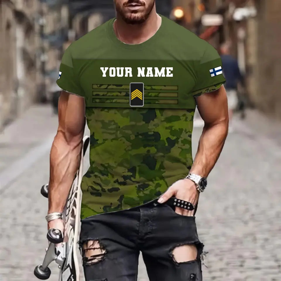 Personalisiertes T-Shirt mit finnischem Soldaten-/Veteranen-Tarnmuster und Namen und Rang, 3D-Druck – 1201240001QA